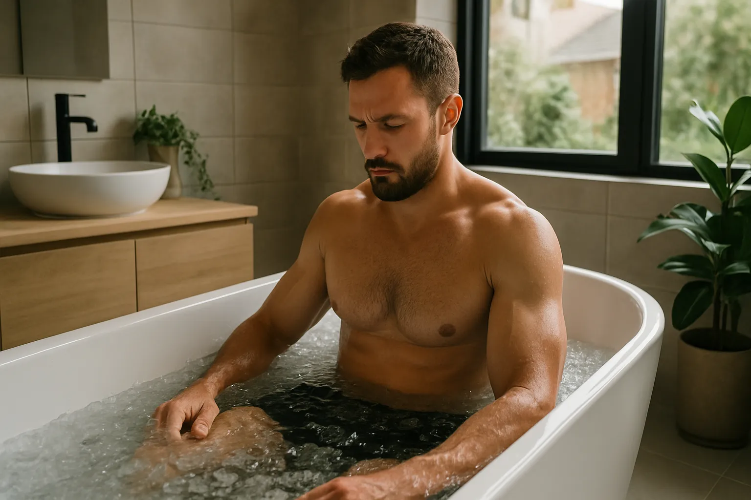 Pessoa relaxando em banheira com gelo em casa após treino para recuperação muscular