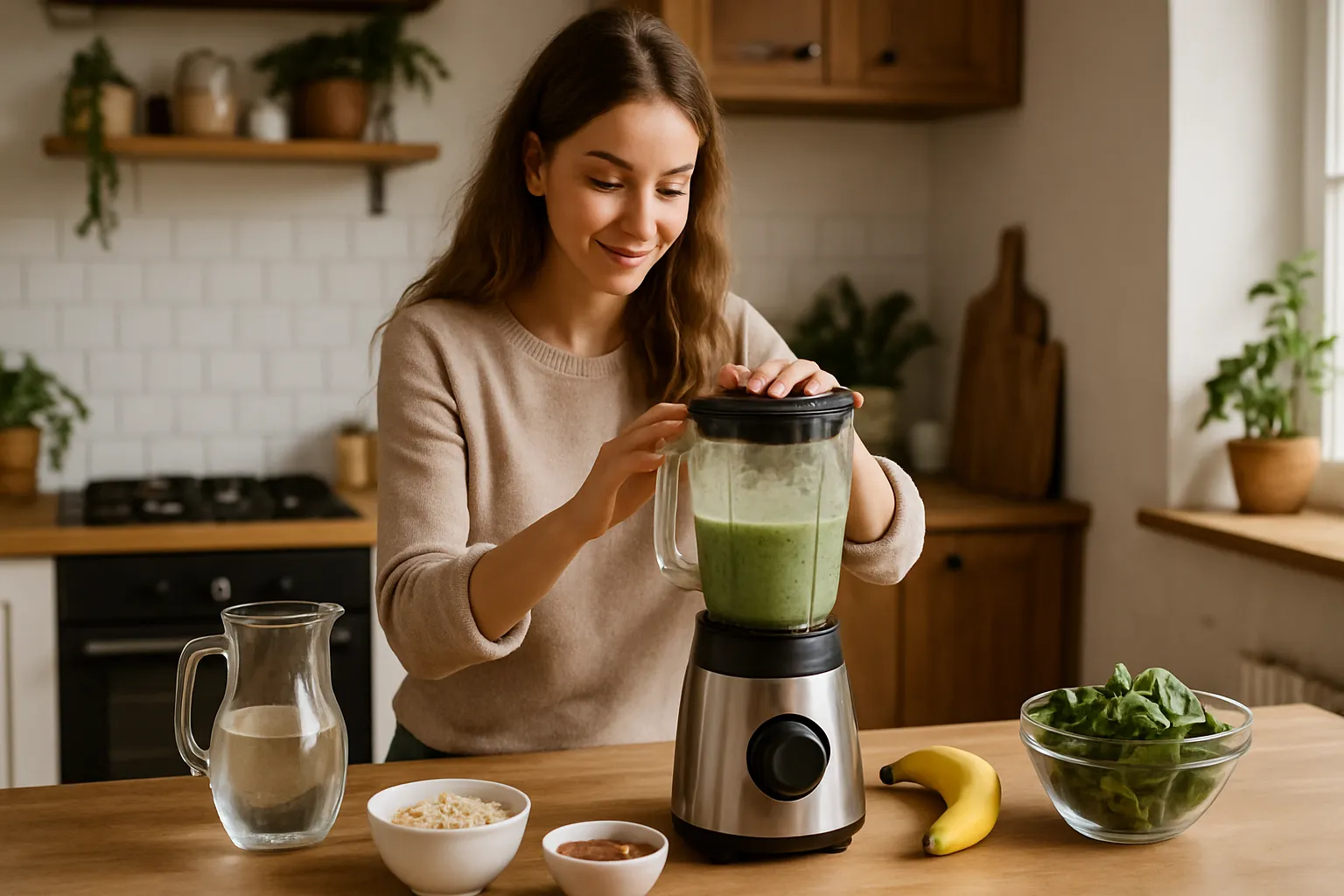 Pessoa preparando smoothie nutritivo rico em pós-bióticos em cozinha moderna, representando a nova era da saúde intestinal