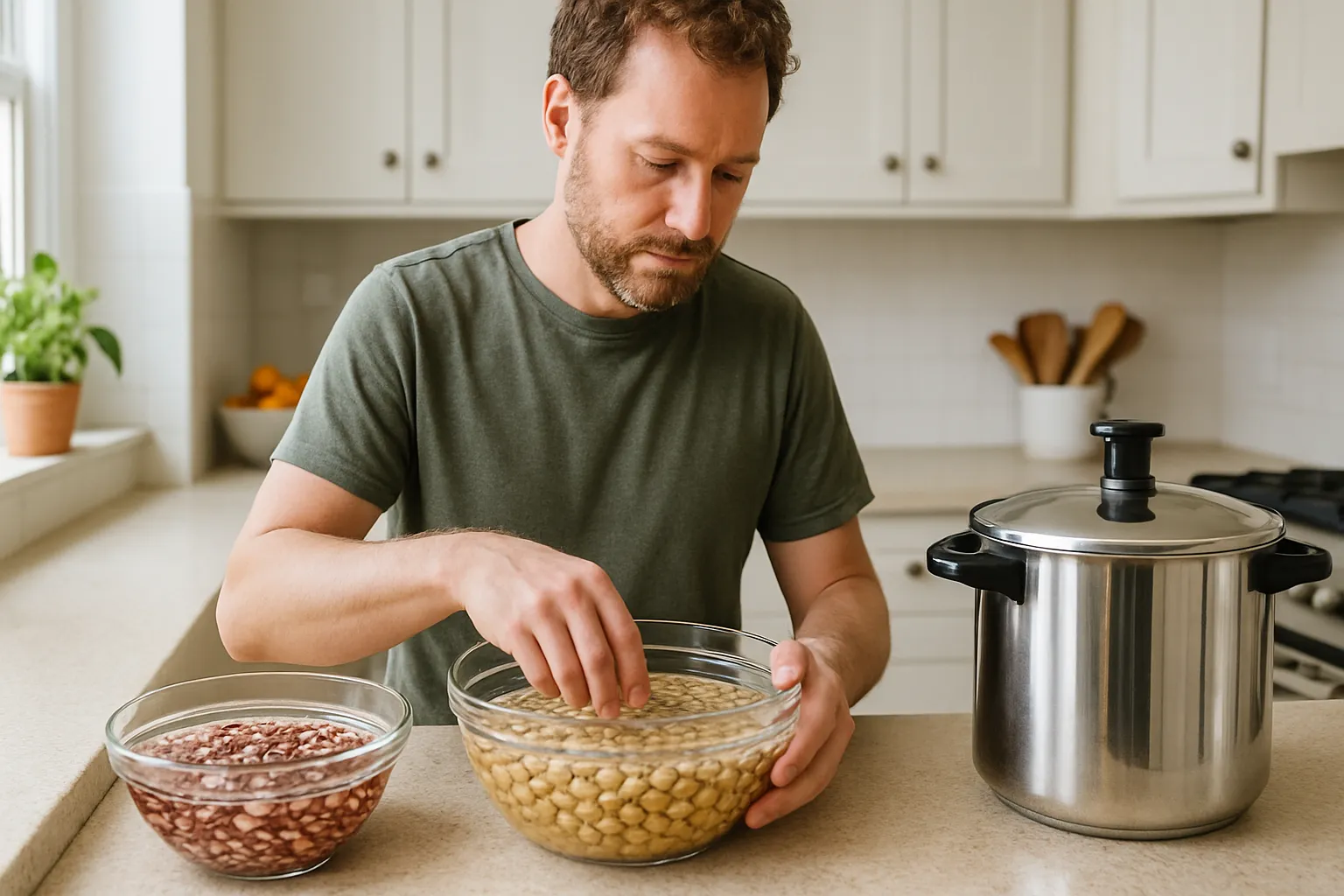 Pessoa preparando leguminosas de molho e usando panela de pressão para reduzir lectinas em cozinha doméstica