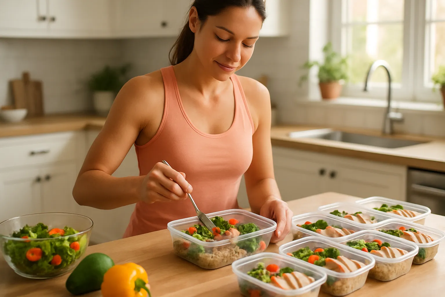 Pessoa preparando porções saudáveis de alimentos em cozinha iluminada para otimizar a queima de gordura e lipólise