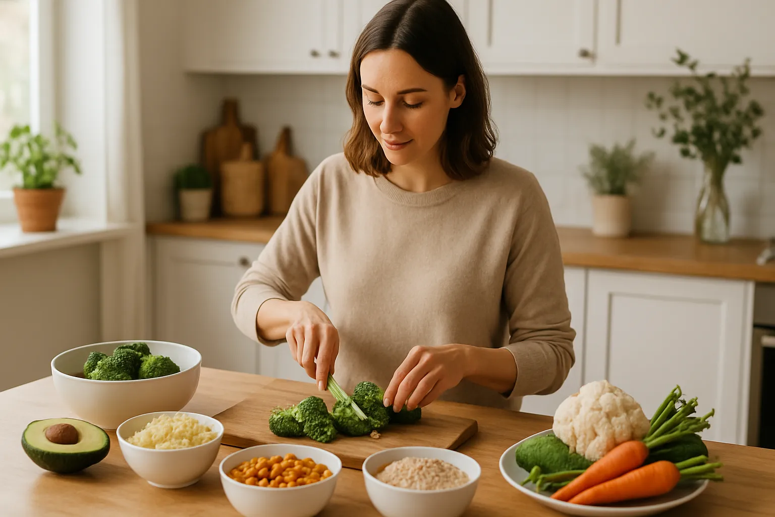 Pessoa preparando uma refeição saudável com alimentos ricos em prebióticos como alcachofra, alho, cebola e aveia em uma cozinha bem iluminada