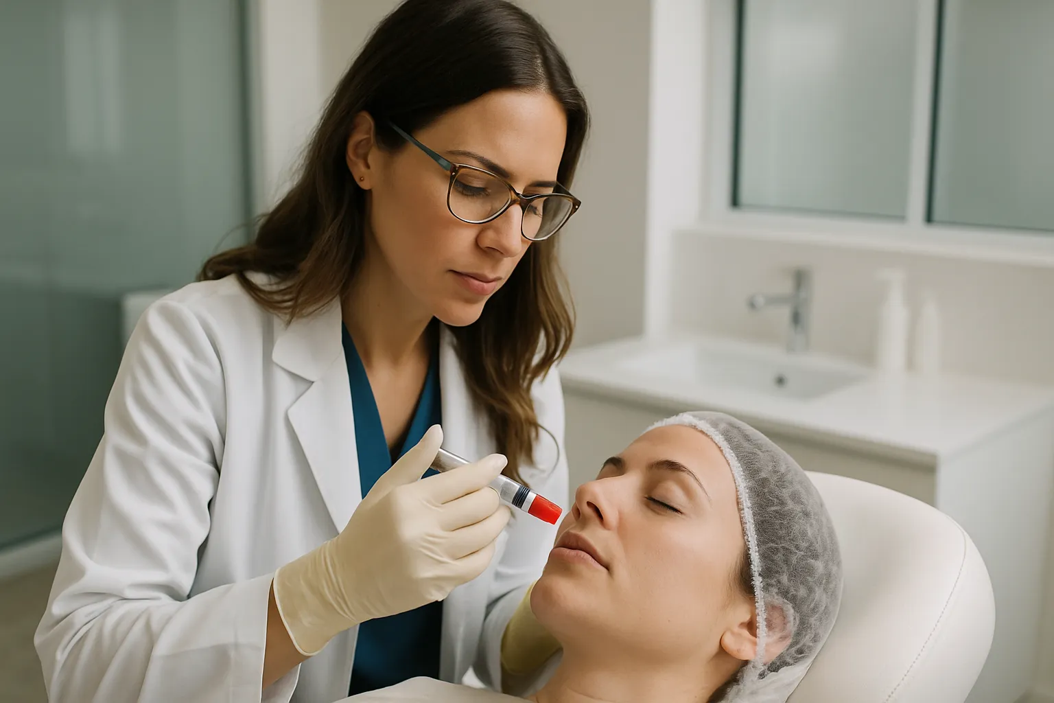 Profissional de saúde realizando procedimento de PRF em paciente em ambiente clínico moderno