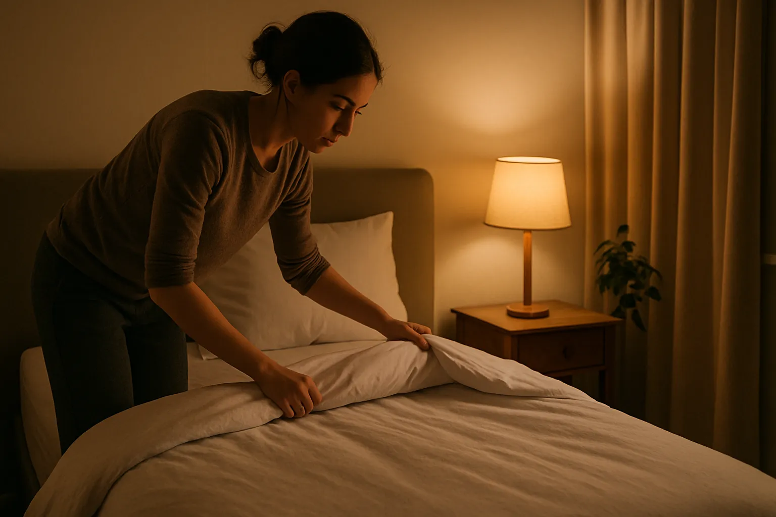 Pessoa preparando suplemento de glicina em copo com água antes de dormir em ambiente doméstico tranquilo