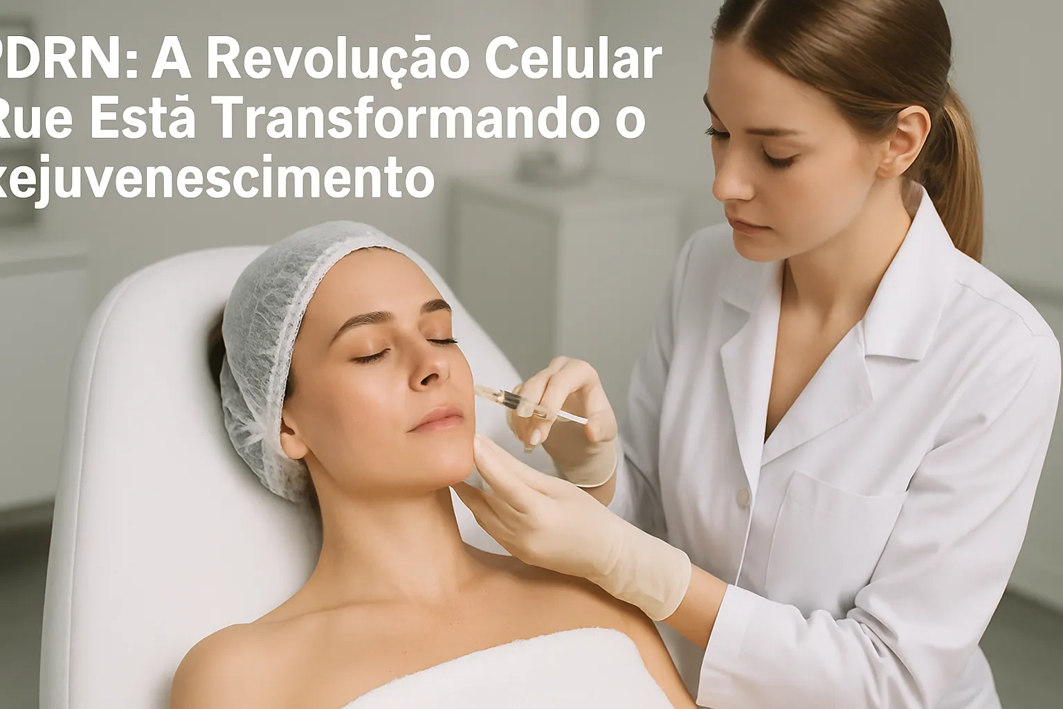 Pessoa aplicando tratamento de regeneração celular PDRN em ambiente clínico profissional