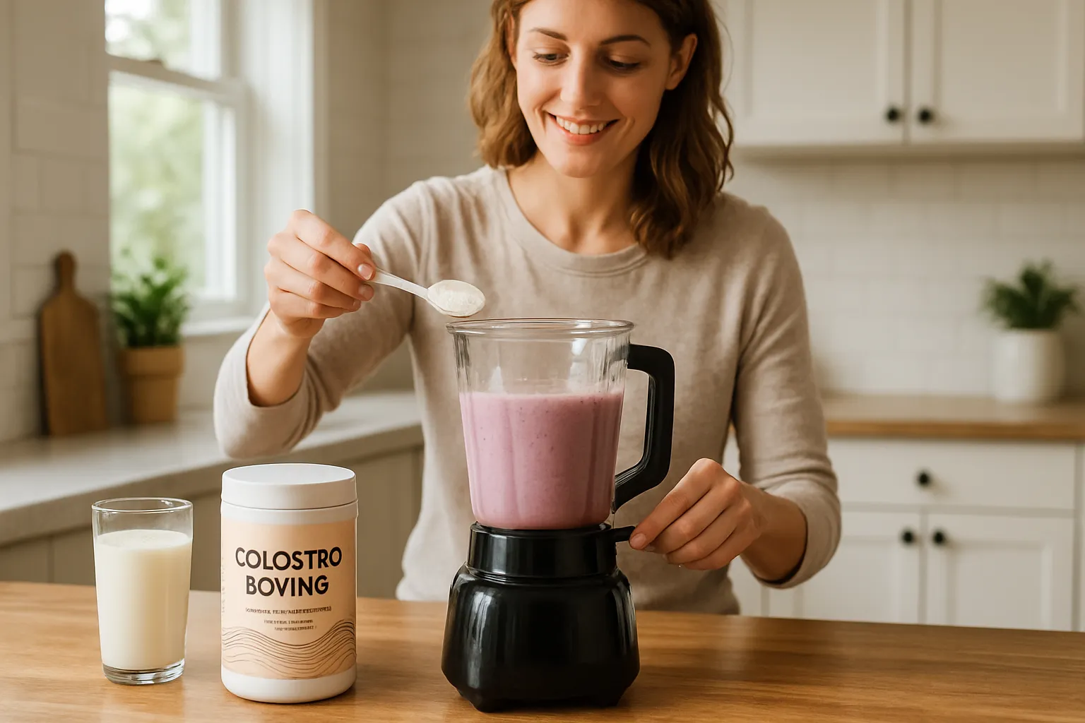 Pessoa preparando suplemento de colostro bovino em cozinha iluminada, demonstrando cuidado com saúde intestinal