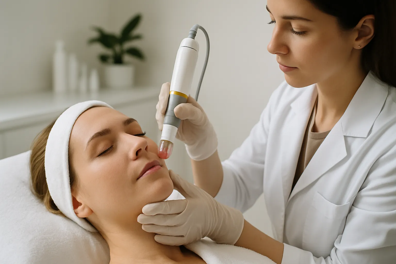 Pessoa realizando tratamento de RF microneedling em clínica estética profissional