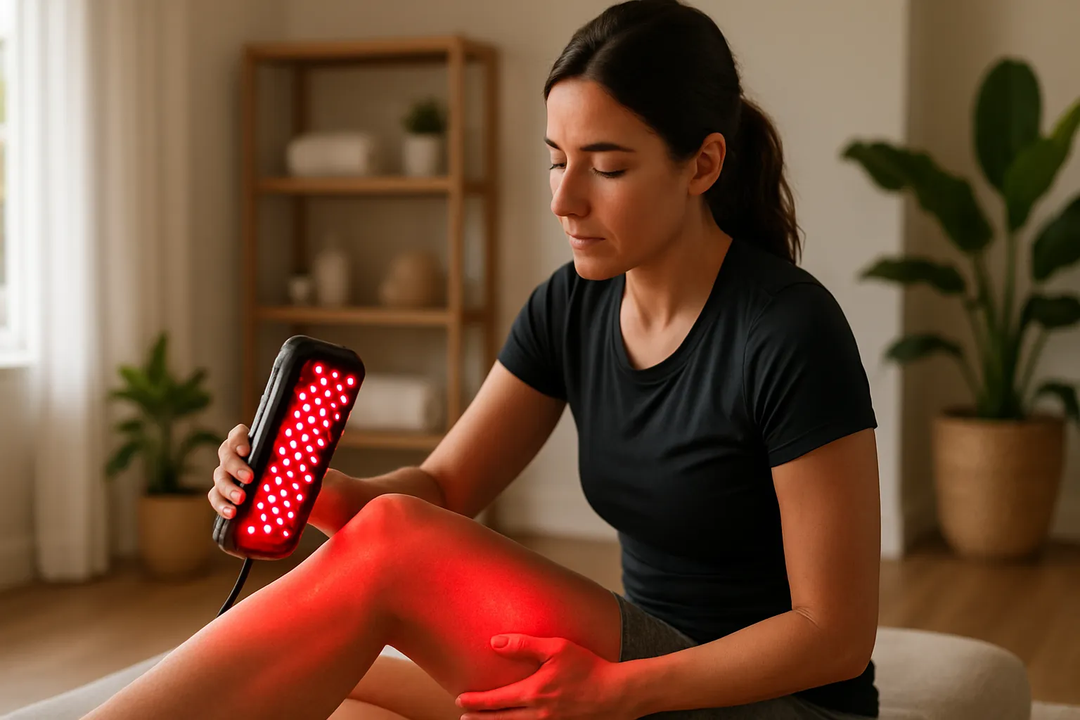 Pessoa usando dispositivo de luz vermelha LED para terapia de recuperação muscular em ambiente doméstico