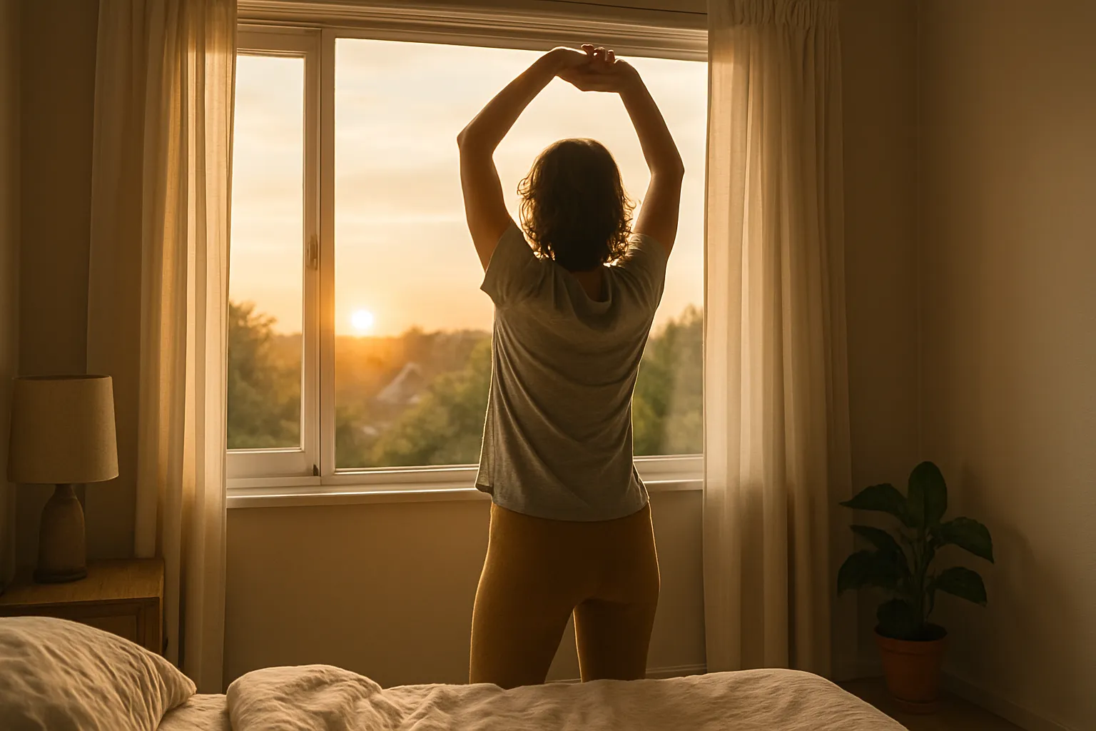 Pessoa praticando alongamento matinal ao lado da janela do quarto ao nascer do sol, representando hábitos saudáveis para preservação dos telômeros