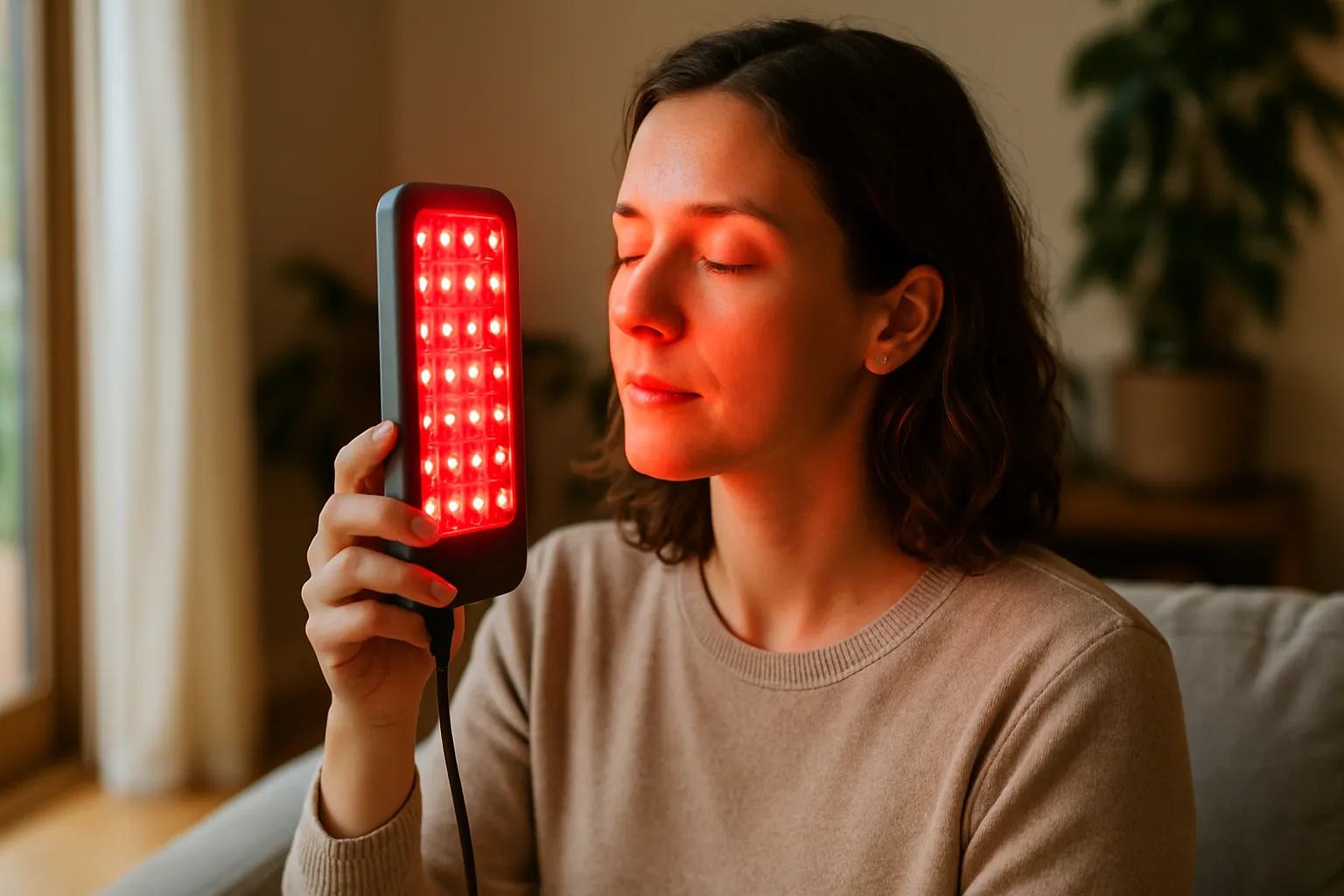 Pessoa usando dispositivo de luz vermelha para tratamento facial em ambiente doméstico, demonstrando a aplicação prática da fotobiomodulação