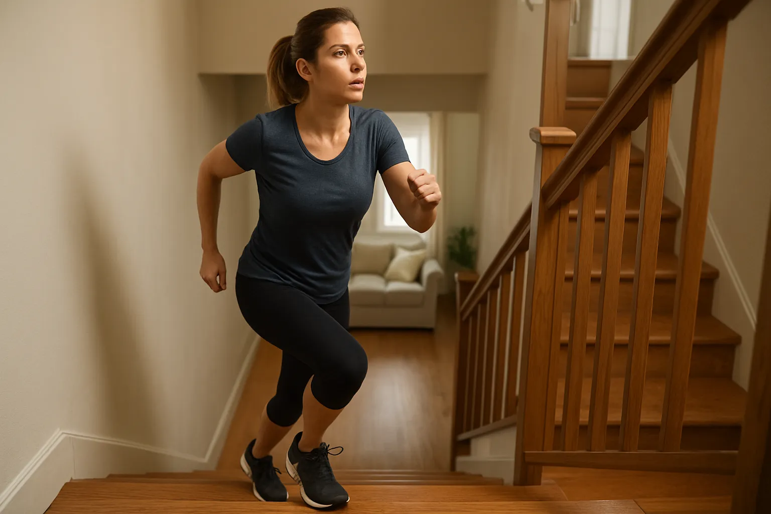 Pessoa subindo escadas energicamente em casa ao invés de usar elevador, demonstrando aumento da atividade NEAT para combater a adaptação metabólica
