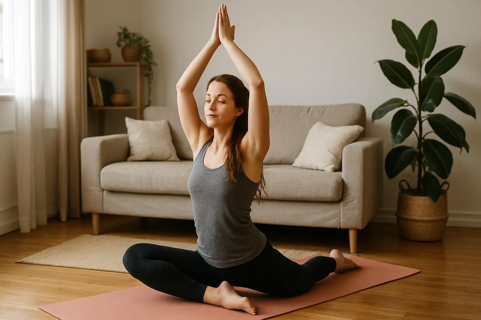 Mulher praticando yoga matinal em sala de estar iluminada para equilíbrio hormonal e saúde do estroboloma