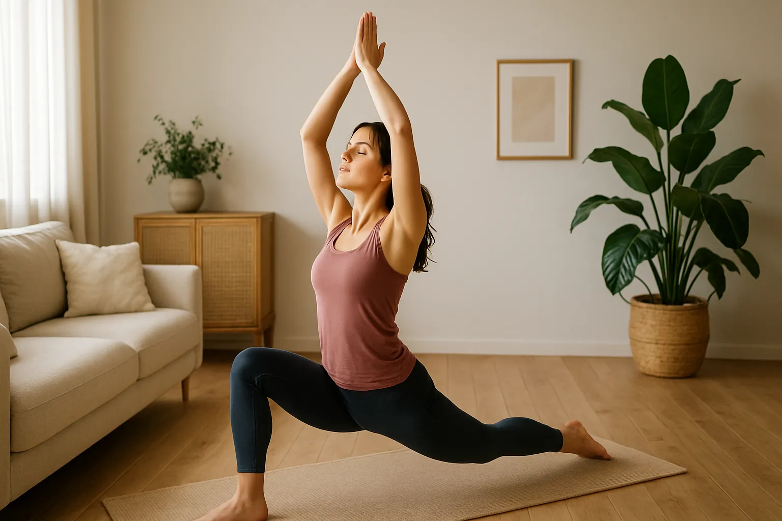 Mulher praticando yoga matinal na sala de estar para equilíbrio hormonal e controle da leptina