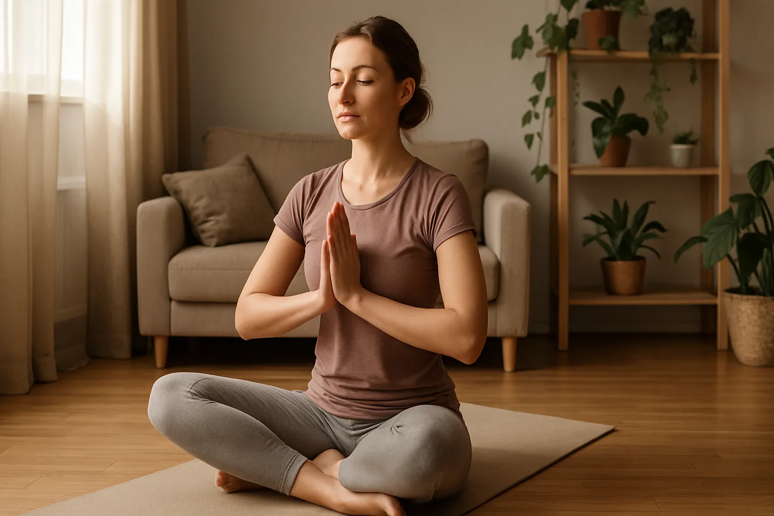 Mulher praticando yoga matinal na sala de estar para promover equilíbrio hormonal e longevidade