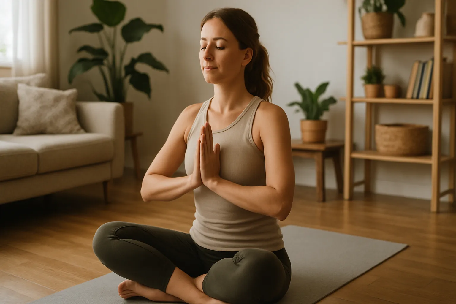 Mulher praticando yoga matinal para equilíbrio hormonal na sala de estar, demonstrando os benefícios do estresse adaptativo controlado