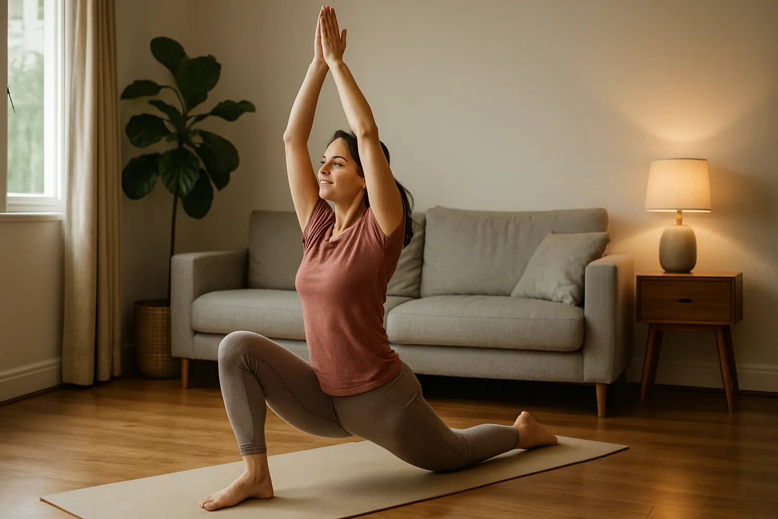 Mulher praticando yoga matinal na sala de estar para equilibrar hormônios e otimizar ritmo circadiano conforme seu cronótipo