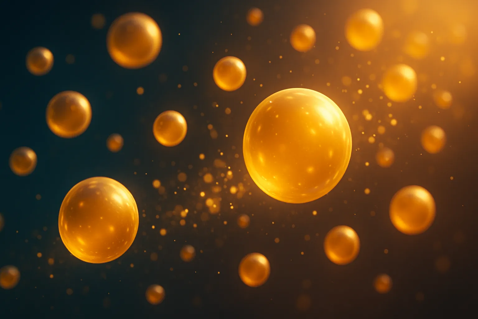 Representação conceitual da adiponectina: esferas douradas luminosas fluindo através de gradiente azul-âmbar simbolizando transformação metabólica e oxidação de gordura
