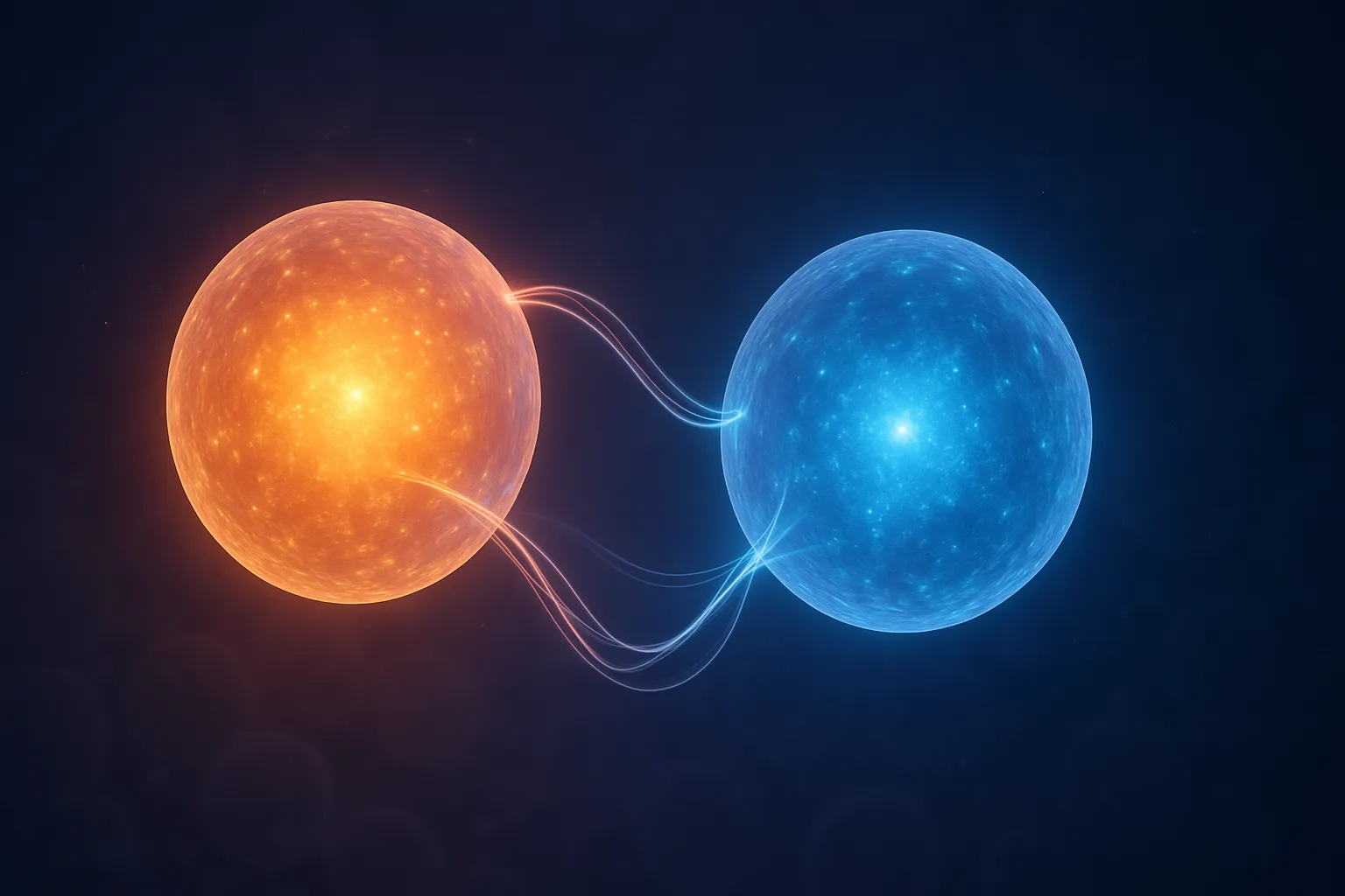 Visualização artística da parceria hormonal entre amilina e insulina representada por esferas luminosas interconectadas em tons âmbar e azul com fluxos de energia