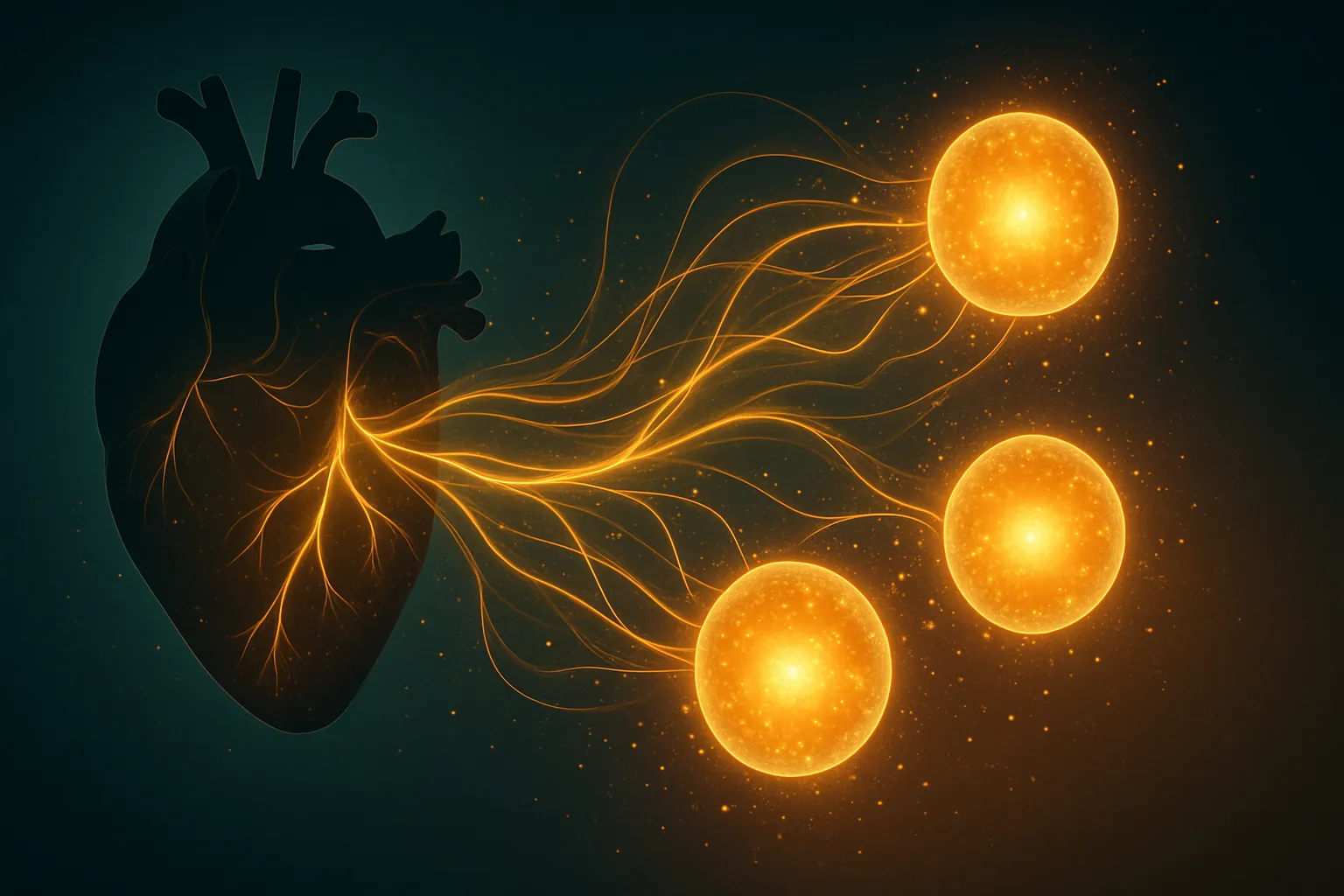 Representação conceitual da apelina conectando sistema cardiovascular ao metabolismo através de vias luminosas douradas em fundo teal profundo com esferas de energia metabólica