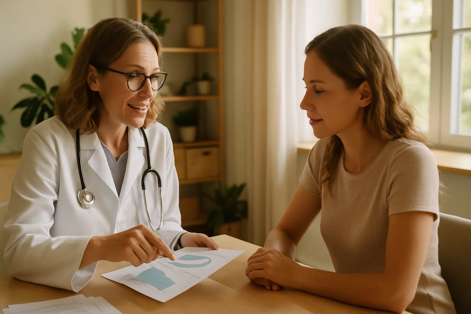 Médico orientando paciente sobre segurança e adequação do jejum intermitente em consulta personalizada