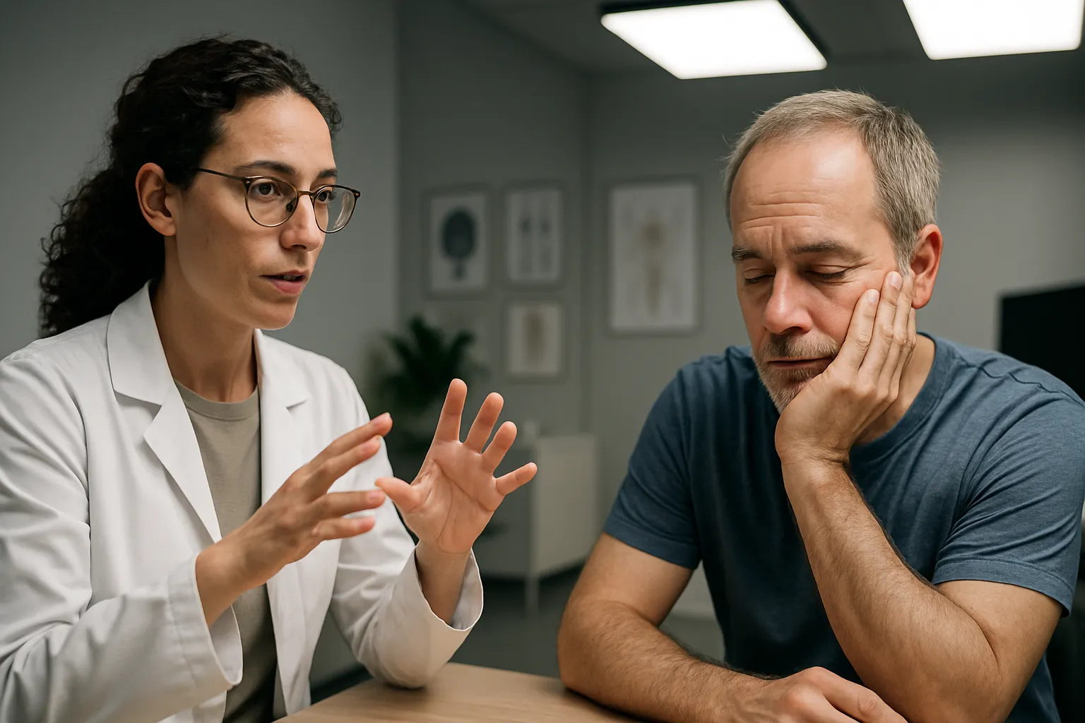 Especialista em wellness demonstrando técnicas de avaliação de qualidade do sono para paciente com sono superficial em consultório médico moderno