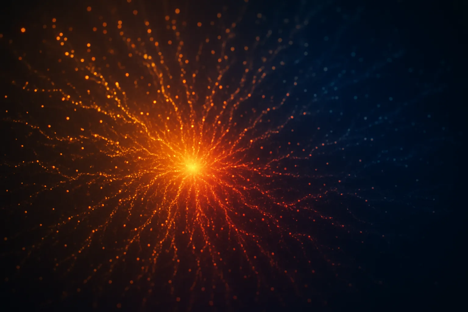 Visualização científica abstrata da cascata inflamatória da chemerin com partículas em gradiente âmbar a carmesim dispersando em fundo azul marinho representando amplificação da inflamação sistêmica