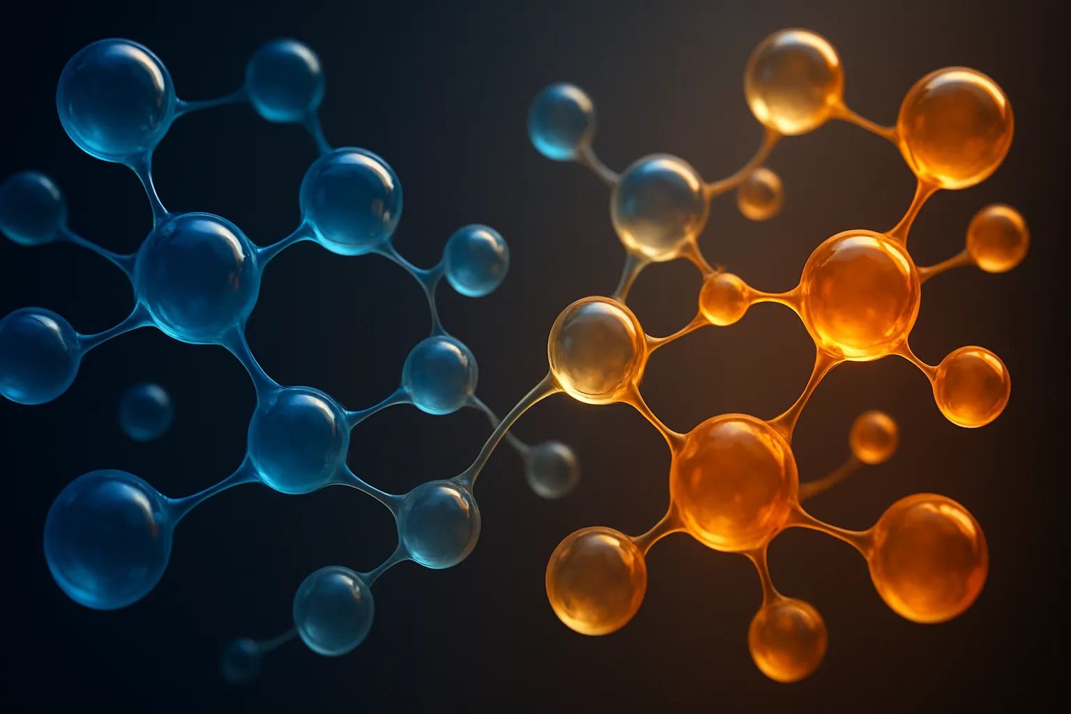 Visualização artística da cascata molecular do sistema renina-angiotensina com esferas interconectadas em gradiente azul a âmbar representando a dualidade dos receptores AT1 e AT2