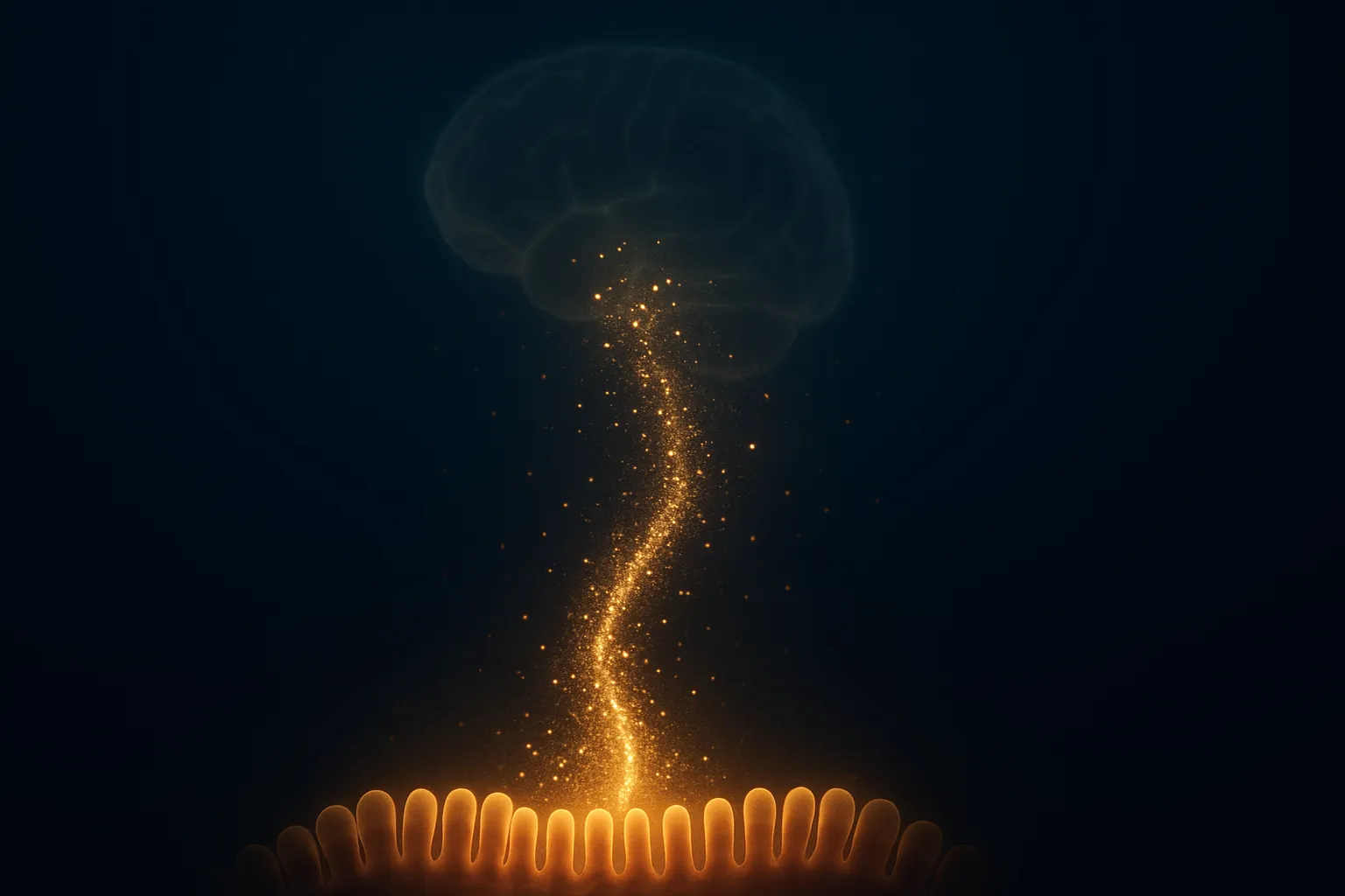 Visualização artística da sinalização hormonal da colecistoquinina mostrando partículas douradas luminosas fluindo do intestino em direção ao cérebro, representando o eixo intestino-cérebro e cascata de saciedade