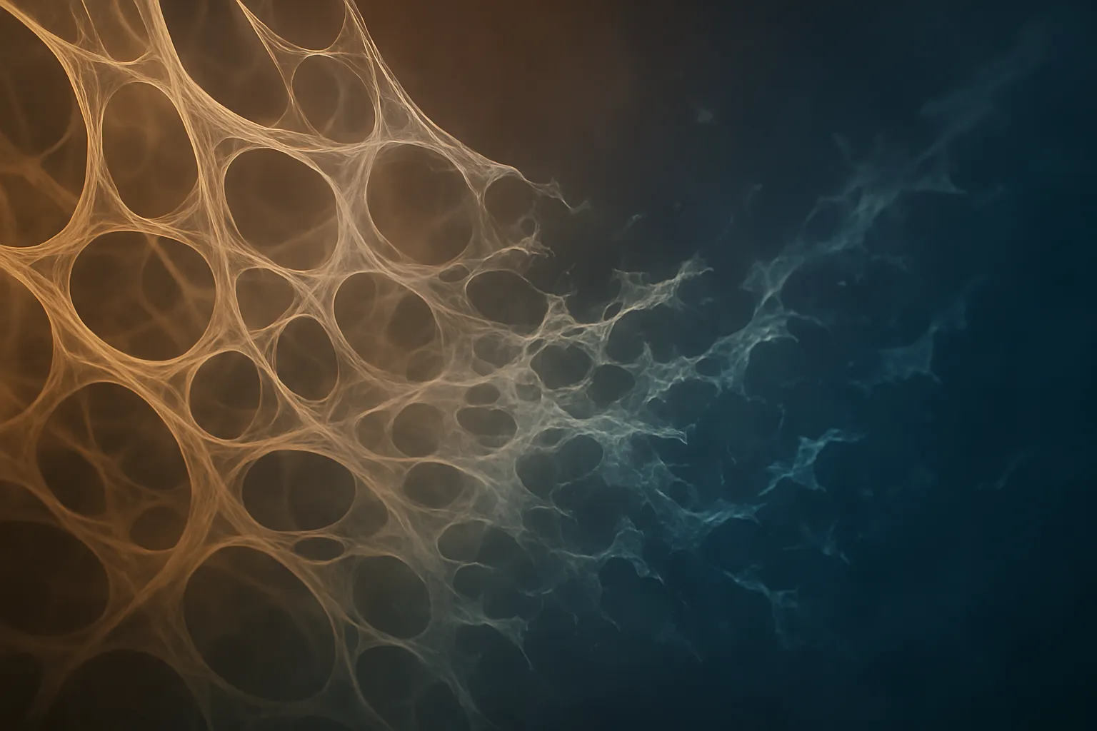 Visualização conceitual de rede de fibras de colágeno translúcidas fragmentando nas bordas com gradiente de cores representando cascata inflamatória, estética científica premium