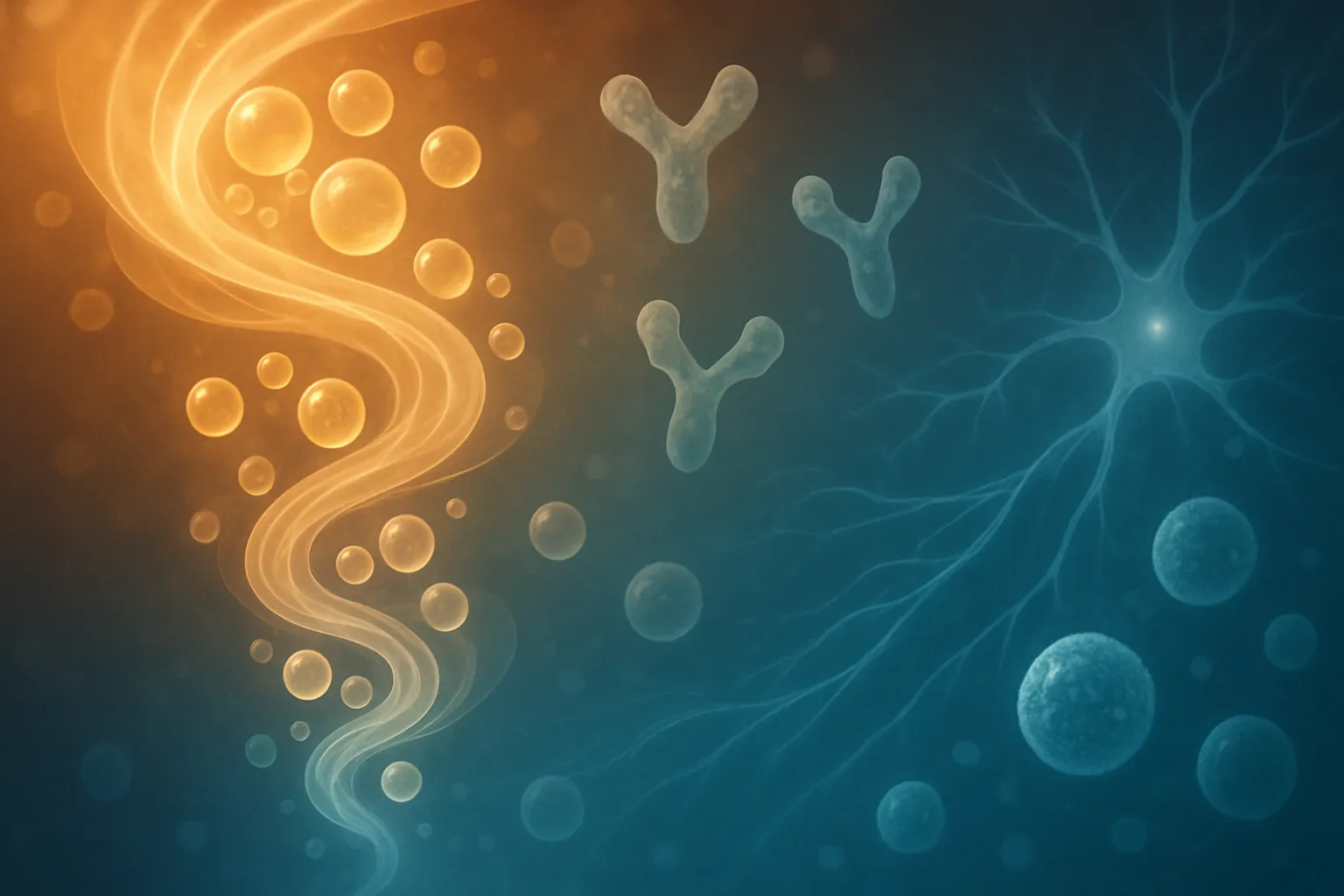 Visualização artística abstrata do ciclo de craving por açúcar mostrando cascata bioquímica com moléculas de glicose, receptores de insulina e conexão intestino-cérebro em gradiente de cores quentes a frias representando estresse e equilíbrio metabólico