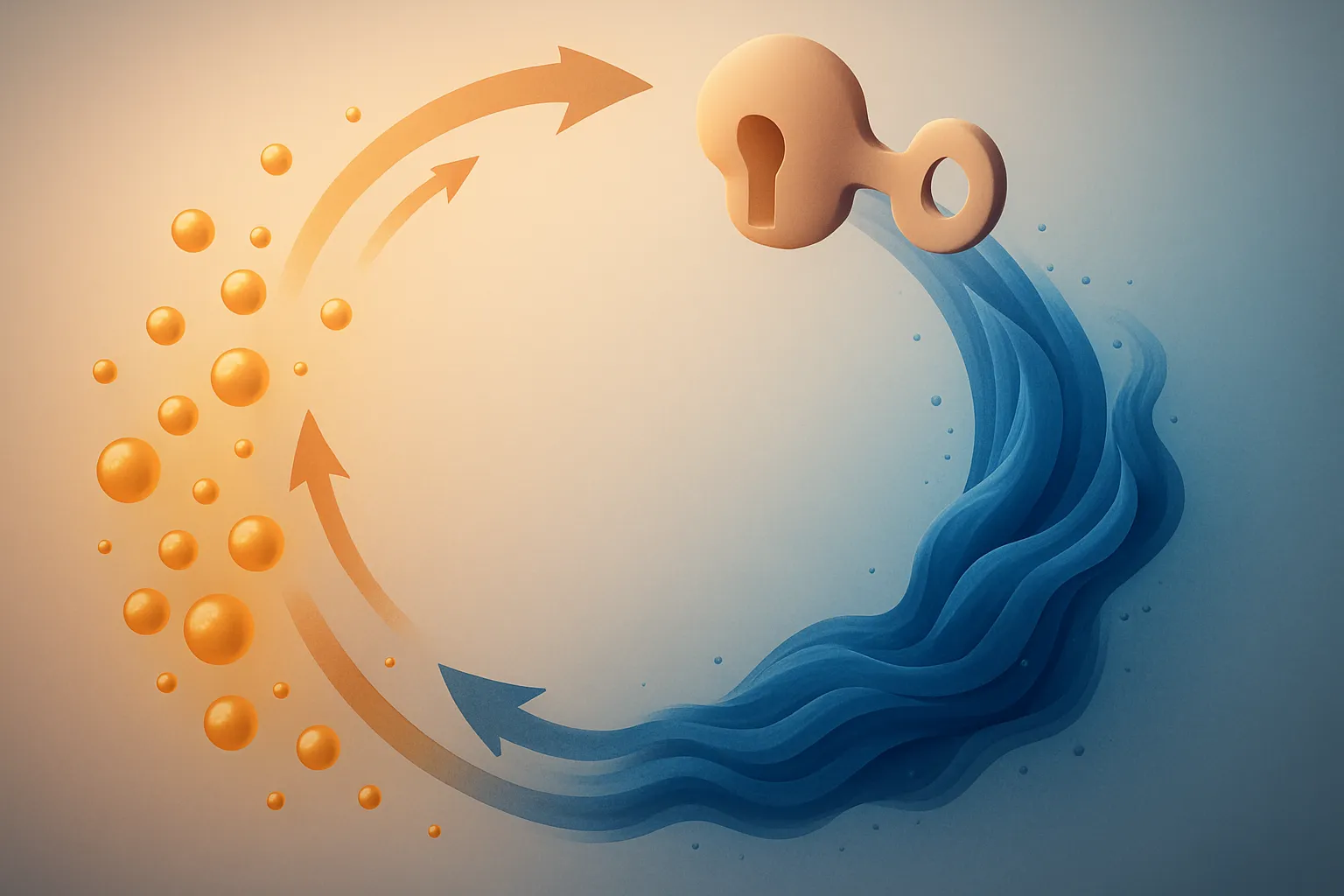 Visualização artística do ciclo metabólico da resistência à insulina mostrando fluxo circular de partículas de glicose em âmbar transformando-se em ondas de insulina azul profundo com elementos celulares representando o mecanismo de resistência hormonal