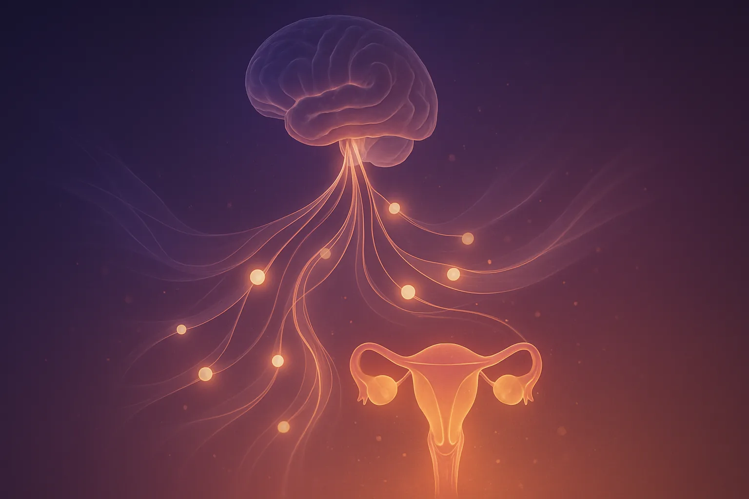 Visualização artística do eixo hormonal hipófise-gônadas mostrando fluxos luminosos conectando cérebro aos órgãos reprodutivos, representando a comunicação FSH e LH em gradiente roxo a âmbar