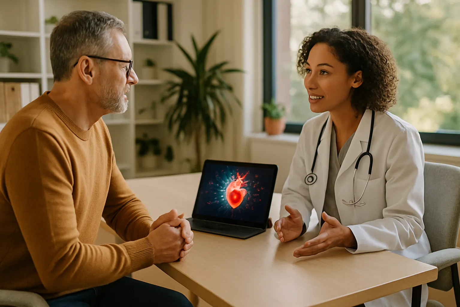 Profissional de saúde consultando paciente sobre saúde cardiovascular em clínica moderna, tablet com visualização abstrata de biomarcadores visível na mesa entre eles, luz natural suave