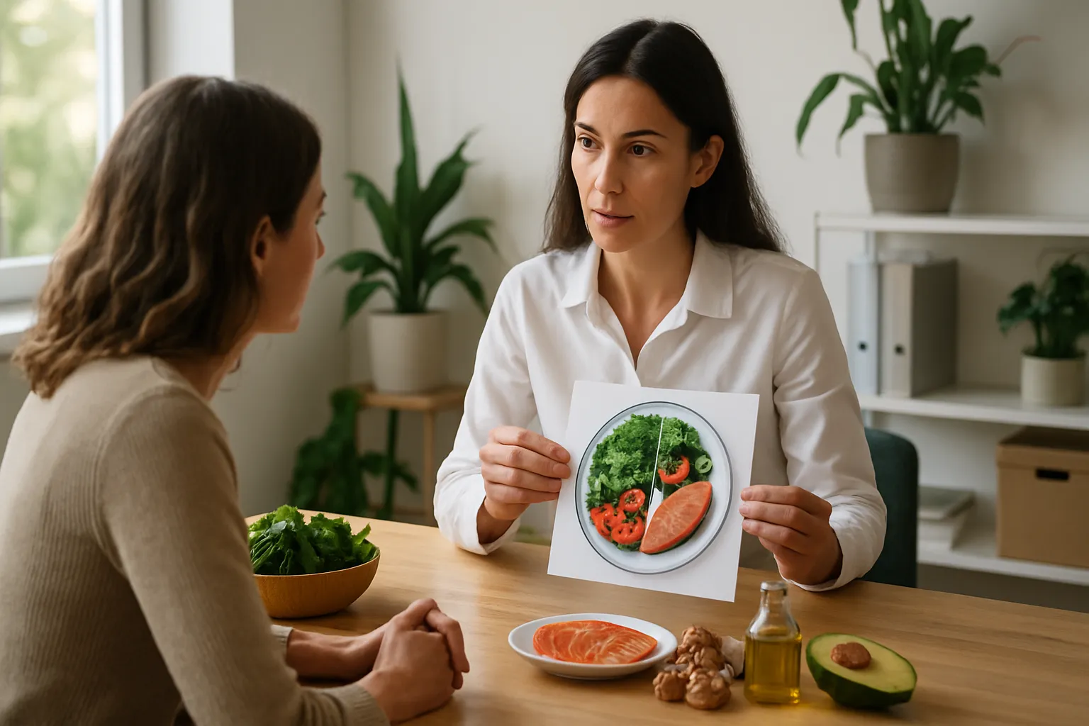 Consulta nutricional em clínica de medicina integrativa sobre estruturação de dieta anti-inflamatória com guia visual de composição de prato saudável