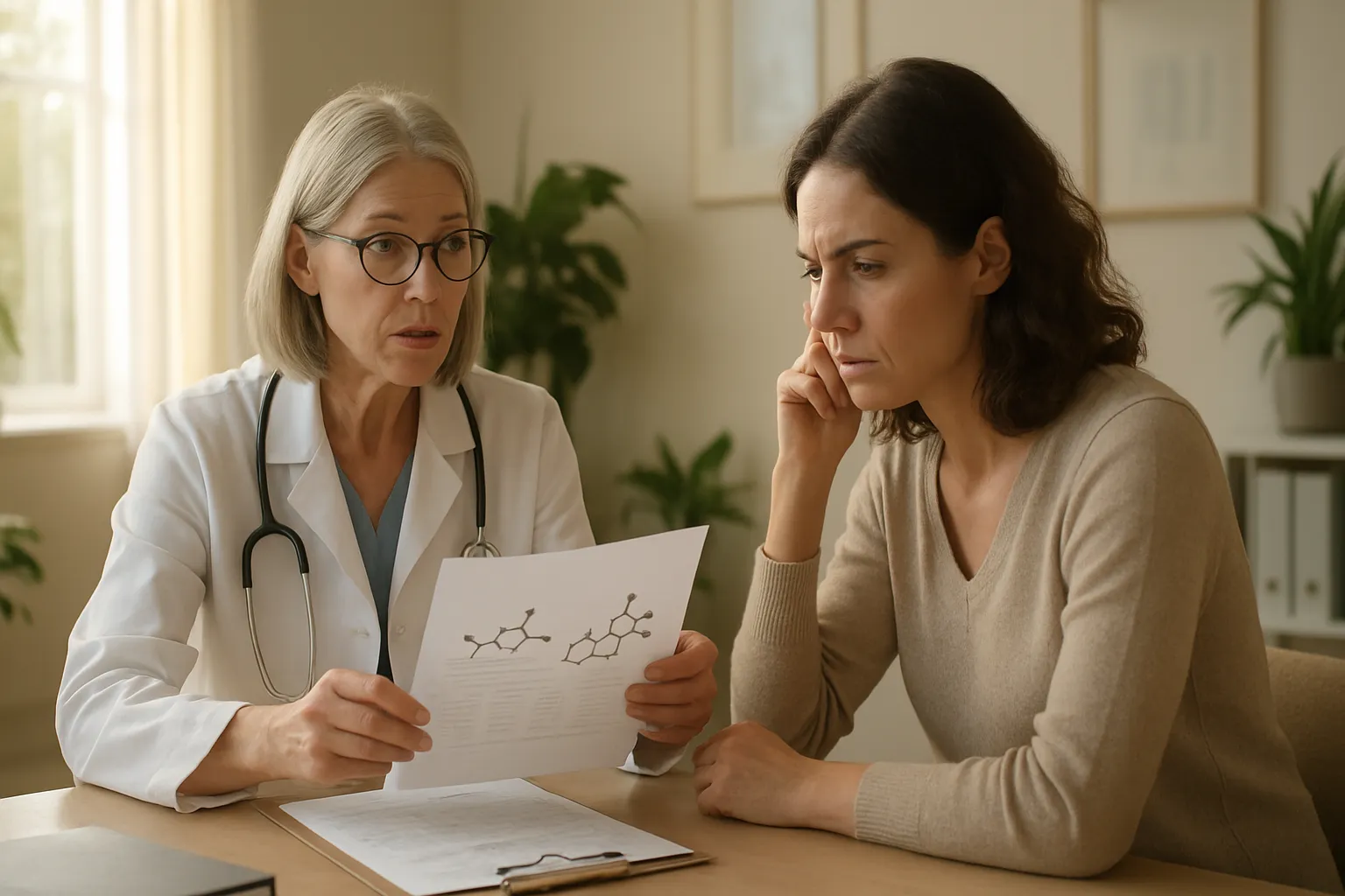 Consulta médica especializada sobre hormonoterapia bioidêntica com profissional revisando resultados laboratoriais em ambiente clínico moderno