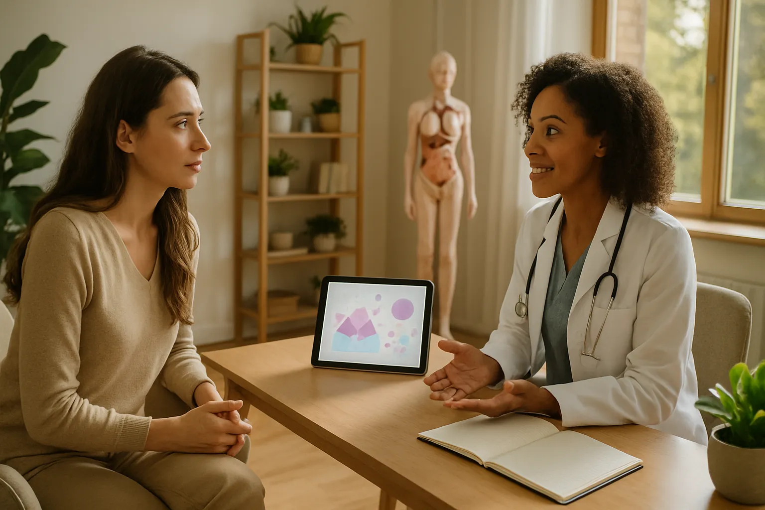 Paciente feminina em consulta com profissional de saúde sobre questões hormonais reprodutivas em clínica moderna de medicina funcional, tablet digital na mesa entre eles mostrando visualização abstrata de dados, luz natural acolhedora