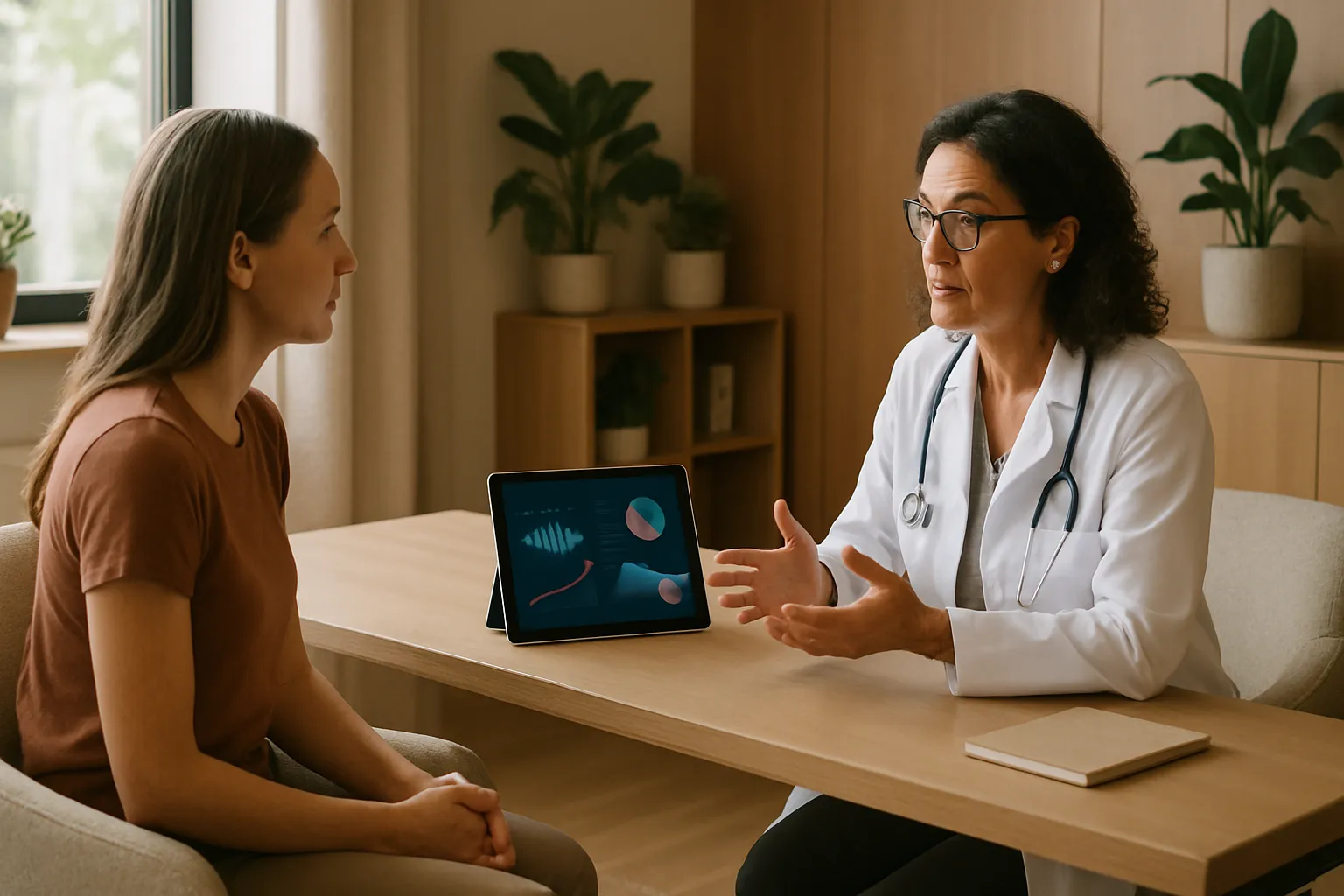 Médico de medicina funcional consultando paciente sobre otimização hormonal em clínica contemporânea acolhedora, com tablet mostrando visualização abstrata de biomarcadores