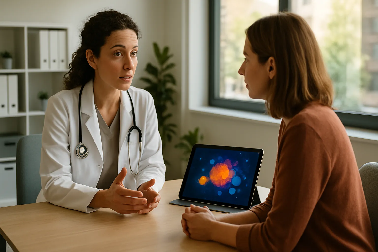 Profissional de saúde feminina em consulta com paciente sobre marcadores metabólicos em clínica moderna com luz natural