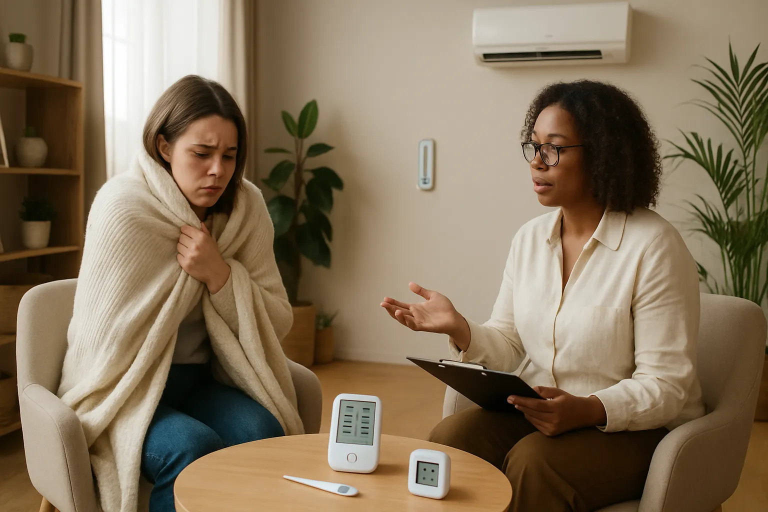 Consulta profissional sobre sensibilidade térmica e desregulação hormonal em ambiente acolhedor de wellness
