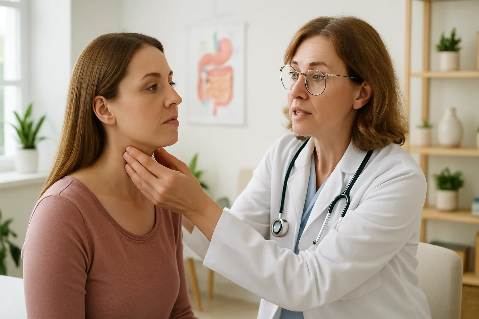 Médico endocrinologista examinando tireoide de paciente em consulta sobre constipação hormonal, palpando região do pescoço em ambiente clínico iluminado