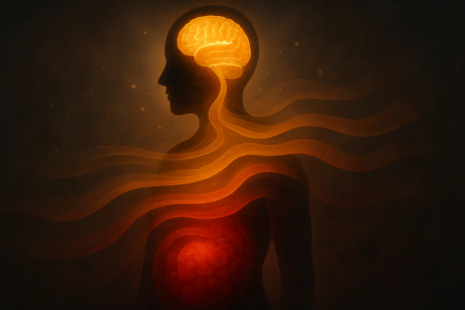 Visualização artística da cascata hormonal do cortisol, mostrando ondas gradientes em tons âmbar a vermelho representando o caminho do estresse ao acúmulo de gordura visceral