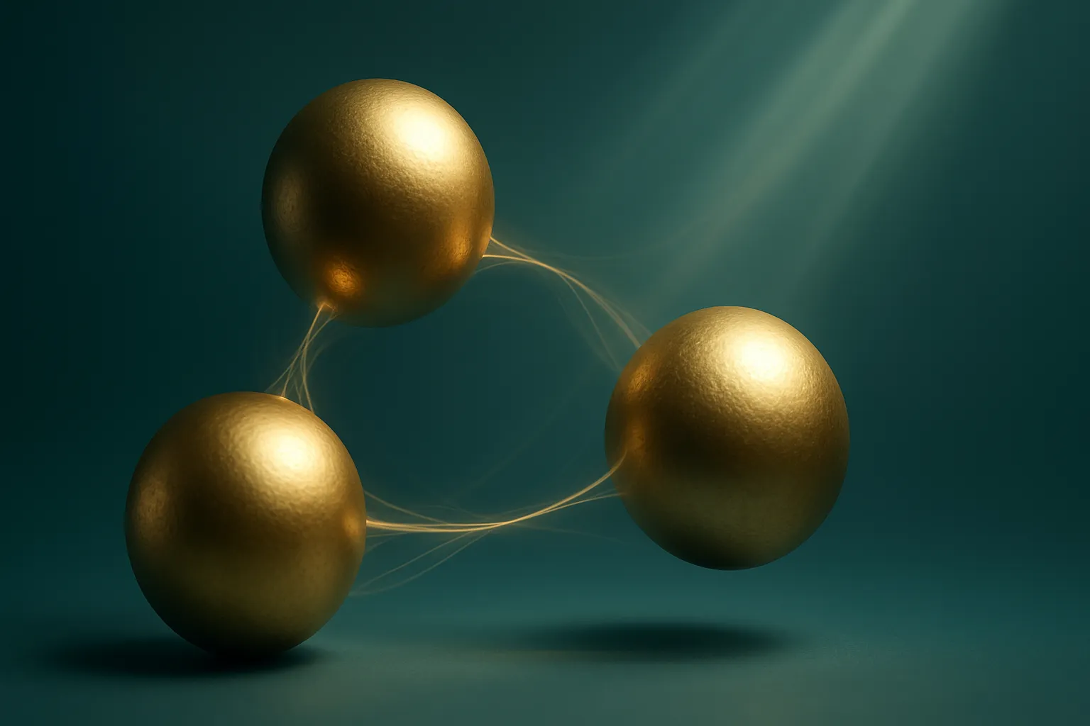 Visualização conceitual do eixo hormonal cortisol-insulina-sono mostrando três esferas douradas interconectadas contra fundo azul-petróleo representando o equilíbrio metabólico para quebrar o ciclo de gordura abdominal teimosa