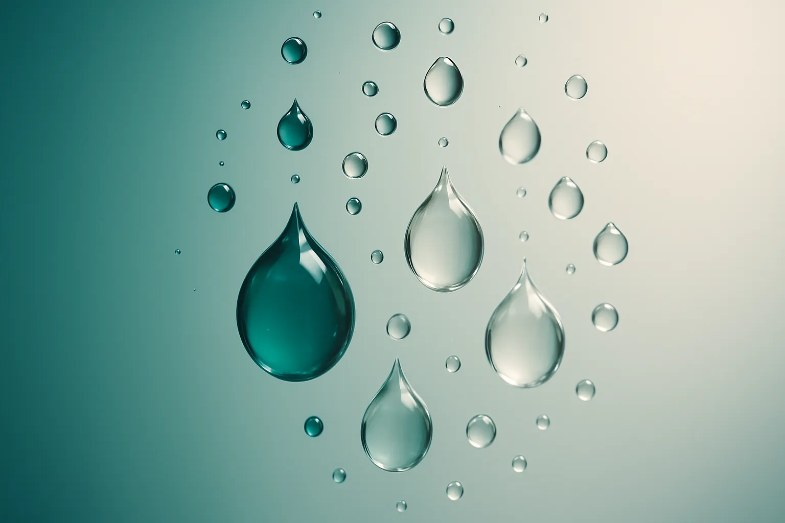 Visualização artística do equilíbrio hormonal através de gotas de água suspensas em gradiente turquesa a transparente, representando o equilíbrio delicado entre retenção e eliminação de líquidos no corpo