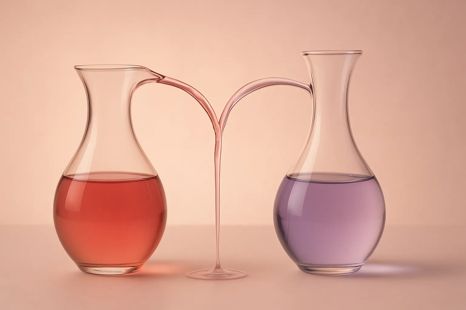 Representação artística do equilíbrio hormonal entre progesterona e estrogênio através de dois vasos de vidro elegantes com líquido fluindo em gradiente de rosa profundo a lavanda, simbolizando a harmonia hormonal feminina