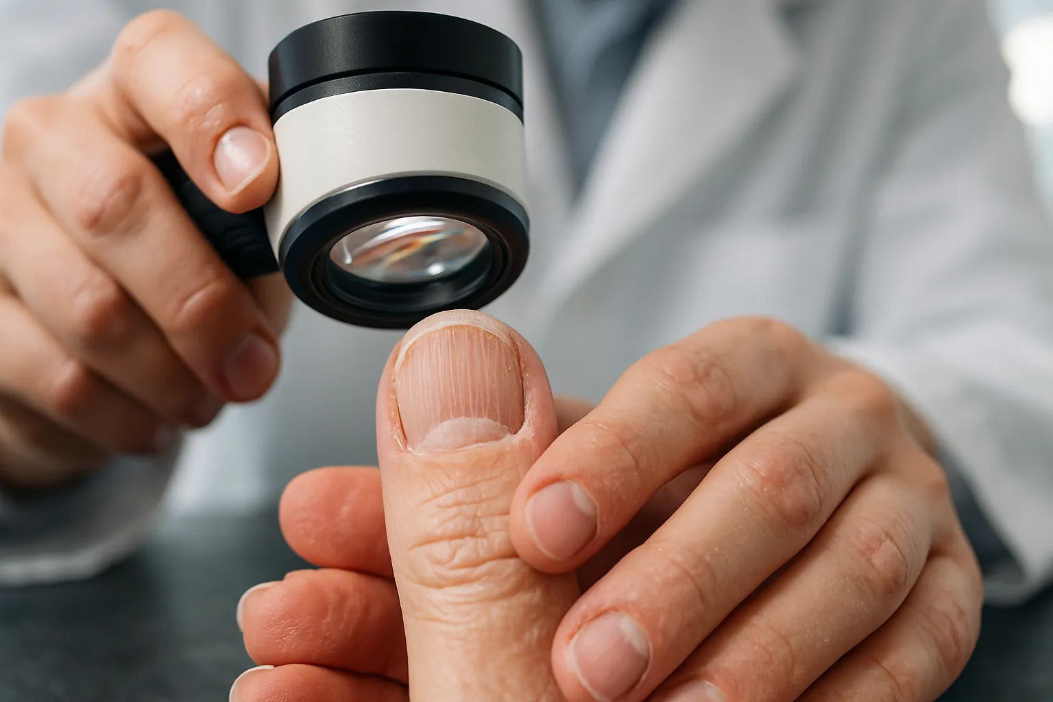 Exame clínico detalhado de unhas quebradiças mostrando camadas descamando e estrias verticais, com especialista utilizando ferramenta de magnificação médica em ambiente clínico profissional