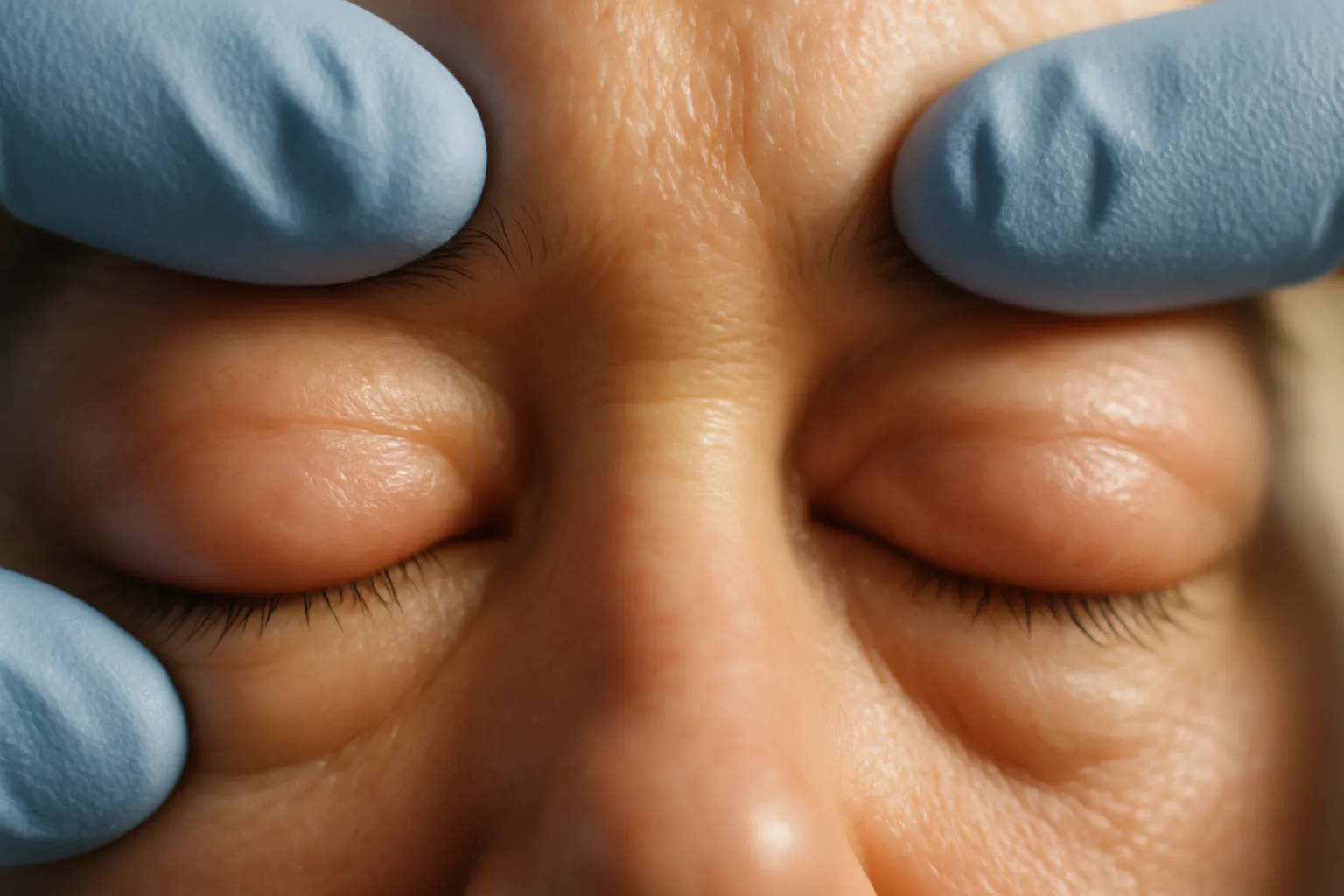 Close extremo de mãos de médico examinando pálpebras inchadas com técnica de palpação para avaliar edema periorbital