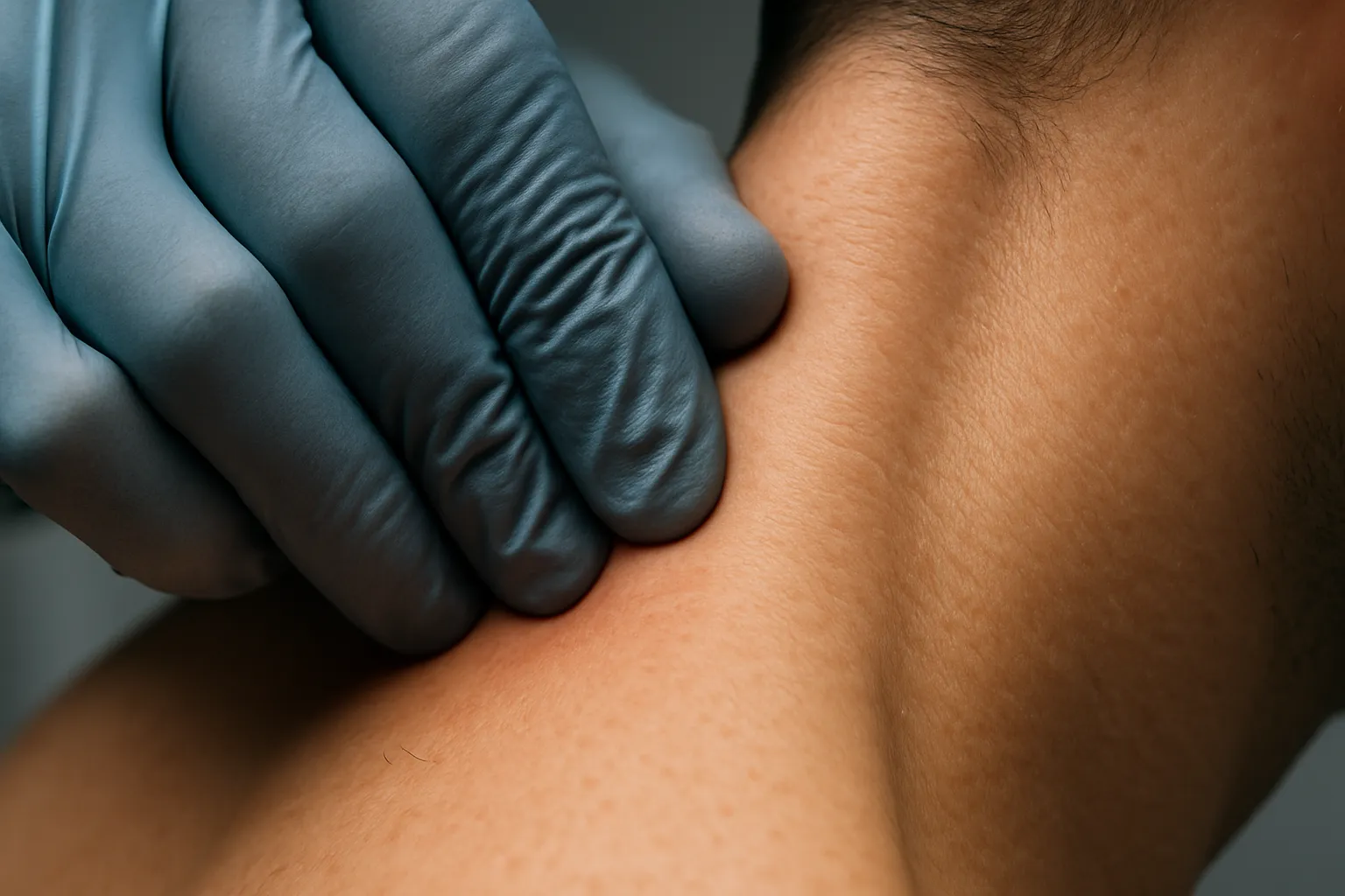 Close extremo das mãos de médico com luvas examinando pontos de tensão no músculo trapézio superior através de técnica de palpação profunda