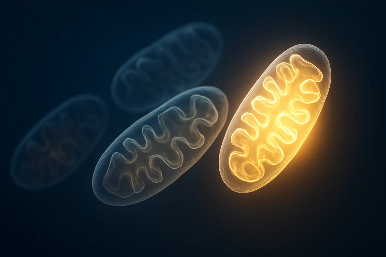 Visualização conceitual de estruturas celulares mitocondriais em transição de luz âmbar fraca para brilho dourado intenso, representando a recuperação energética da fadiga crônica em estética editorial premium