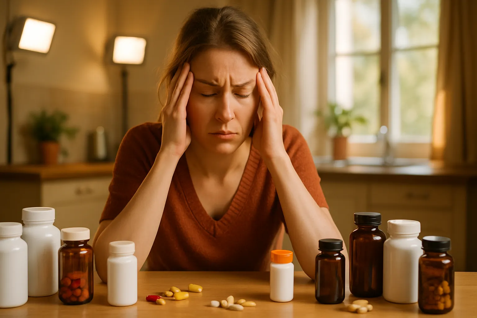 Mulher exausta cercada por frascos de suplementos demonstrando fadiga crônica que não melhora apenas com comprimidos