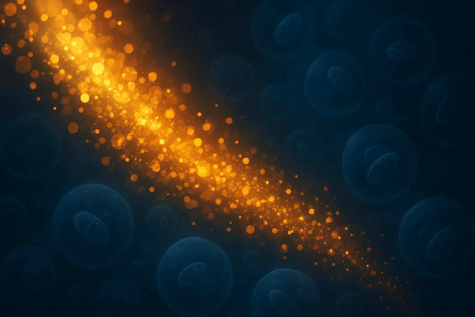 Visualização artística conceitual da cascata hormonal FGF21 com partículas douradas fluindo através de fundo celular azul profundo, representando renovação metabólica e extensão de longevidade