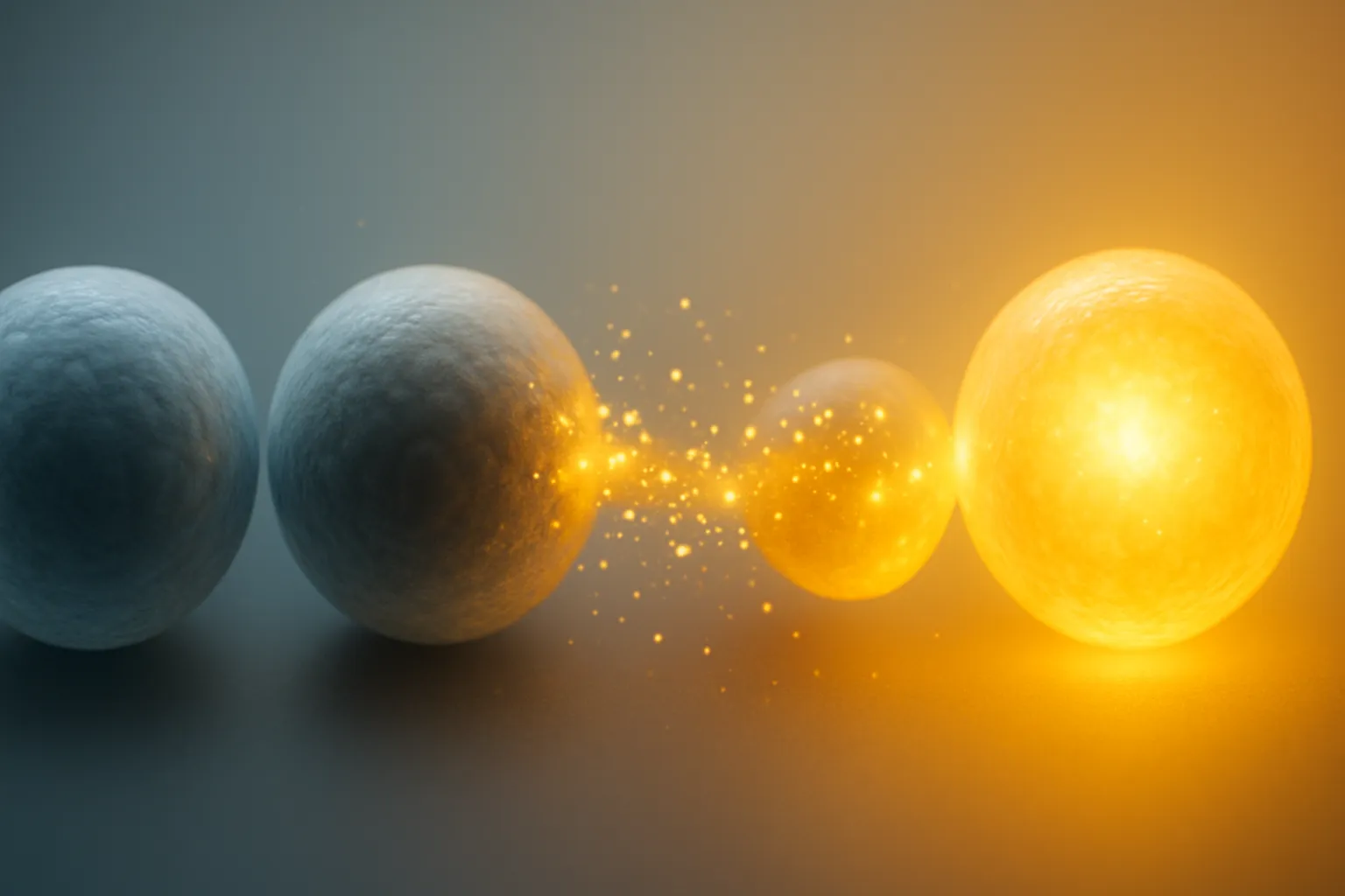 Visualização artística de células em processo de renovação, transformando-se de estado envelhecido (azul) para estado jovem e vital (dourado), representando a ação regenerativa do hormônio do crescimento